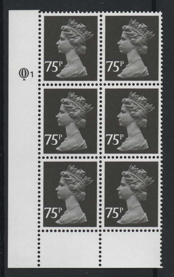 GB 1980 Machin Questa 75p type 1 (wide value) cyl Q1 (lower) corner blk of 6 um