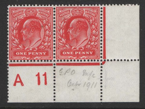 GB 1911 1d rose-red sg272 perf 14 f mint A11 perf H2A corner pair