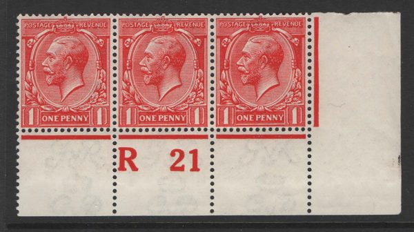 GB 1912 1d bright carmine-red vf mint R21(P) corner strip of 3, 2x um sg360var