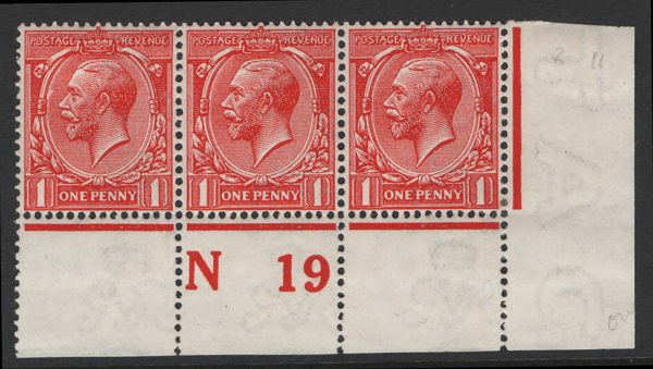 GB 1912 1d bright carmine-red vf mint N19(P) corner strip of 3, 1x um sg360var