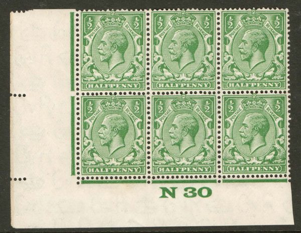 GB 1924 ½d yellow-green N30 corner blk of 6, stamps um sg418var Spec N33(6) c£21