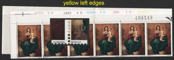 GB 1967 Christmas 4d, nice yellow shift, protrudes nearly 1mm into left white bdr