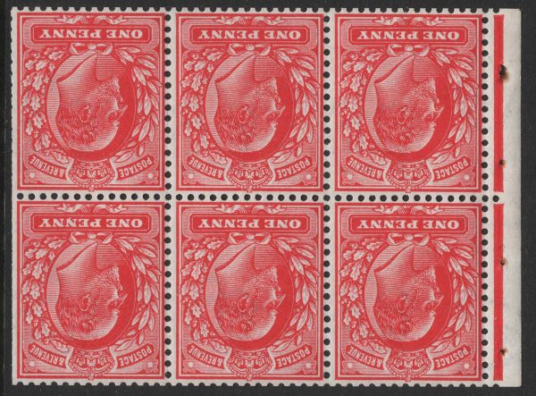 GB 1902 1d sg219 fine um wmk inverted booklet pane of 6, perf E, good perfs