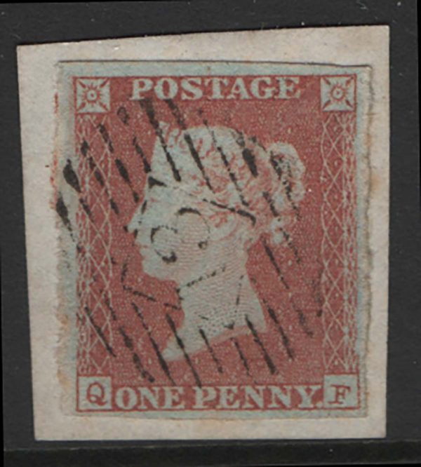 GB 1841 1d red plate 94 QF vfu on piece, tilted F, 4 good margins