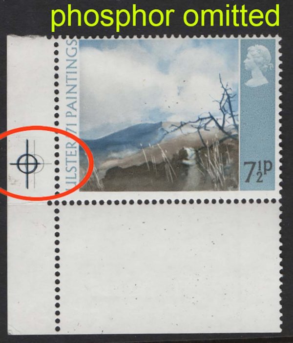 GB 1971 Ulster 7½p missing phosphor um corner marginal - 2mm colour shift