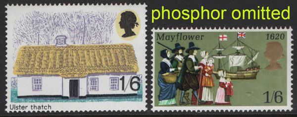 GB 1970 Cottages 1/6d missing phosphor um, ditto Anniversaries 1/6d