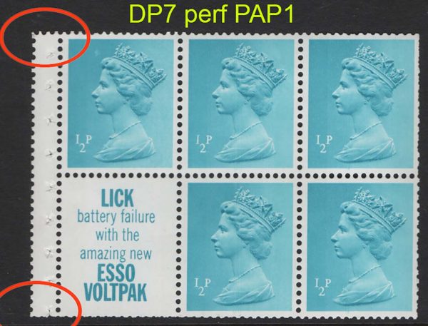 GB 1971 Machin ½p Lick pane perf PAP1 um, perfs as scan