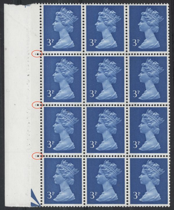GB 1971 Machin 3p 2B FCP/GA um blk of 12 with 1¼ extension perfs