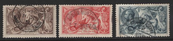 GB 1918 2/6d - 10s Bradbury seahorses set of 3 fu cds (5s pressed crease)