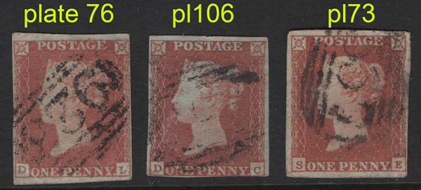 GB 1841 1d red plate 76 DL fu 4 margins, 3 good, 4th tight, ditto plate 106