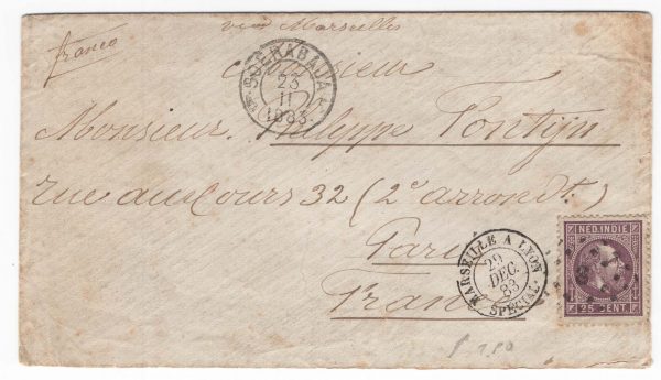 Netherlands Indies 1883 Neat cover SOERABAJA to Paris franked 25c, Marseilles