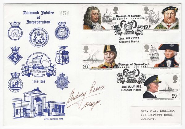 GB 1982 Maritime set of Borough of Gosport cover, Gosport Sp h/stamp, signed by Mayor