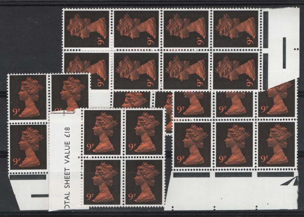 GB 1971 Machin 9p black & orange FCP/PVA 26 copies in blocks um c£78