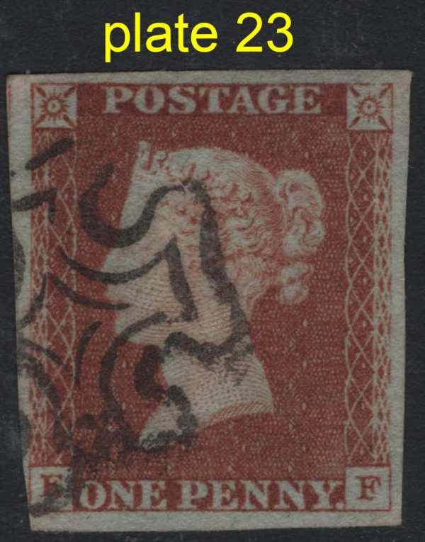 GB 1841 1d red plate 23 EF fu 4 large margins, just touched E square, missing