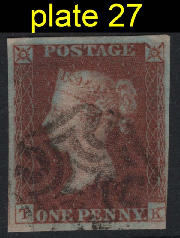 GB 1841 1d red plate 27 TK fu 4 margins except just touched K-square