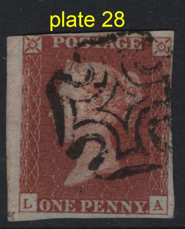 GB 1841 1d red plate 28 LA fu 3¾ margins