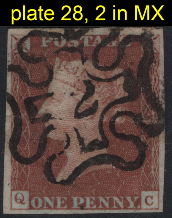 GB 1841 1d red plate 28 QC vgu 4 large margins crisp '2 in MX' horiz crease