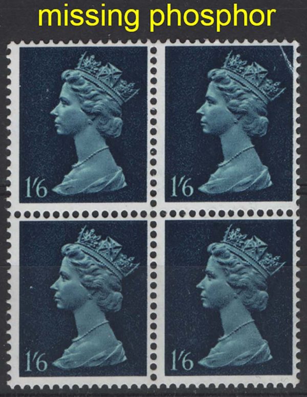 GB 1967 Machin 1/6d GA Prussian blue missing phos um block of 4