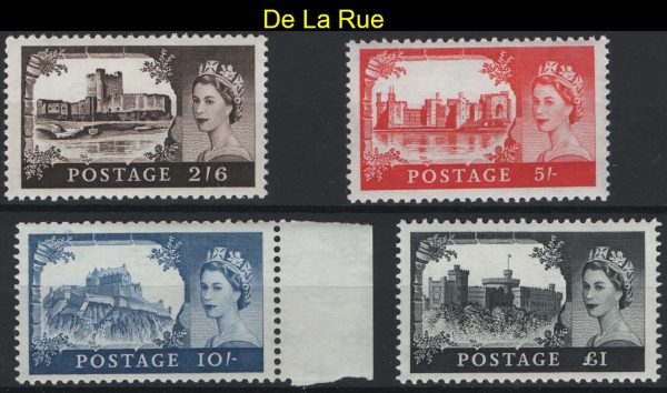 GB 1959 Castles 2nd De La Rue set  of 4, 2/6d - £1 um, £1 with gum wrinkle