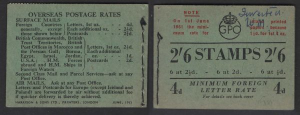 GB Booklets  BD19 3s June 1951, annotation on front cover