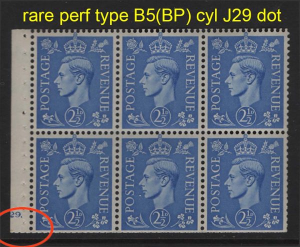 GB 1941 Pale colours 2½d cyl J29 dot booklet pane of 6 rare perf type B5(BP) um