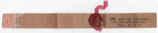 GB 1924 1½d N480 coil leader, wmk sideways um sg420b with one stamp attached