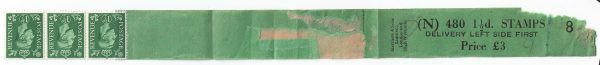 GB 1951 New colours 1½d N480 coil leader in black on pale green #8 with 3 stamps
