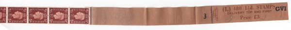 GB 1937 Dark colours 1½d L480 coil leader in brown on buff, GVI & #3 in black
