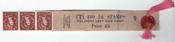 GB 1955 Edward wmk 2d light T480 coil leader #9 with 3 stamps attached
