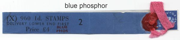 GB 1960 1d blue phosphor, white paper X960 coil leader #2 with 1 stamp attached