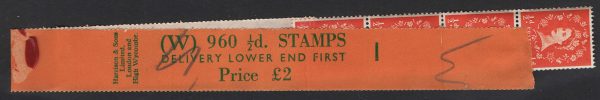 GB 1958 ½d cream paper W960 coil leader #1 with 4 stamps attached - fine