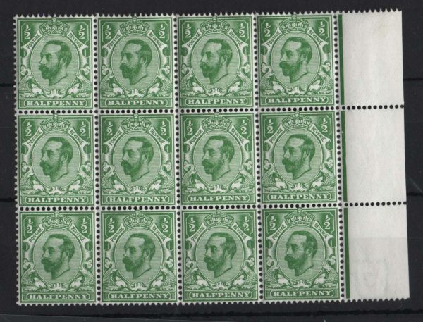 GB 1911 ½d die 1a fine um marginal blk of 12 with a hint of yellow-green