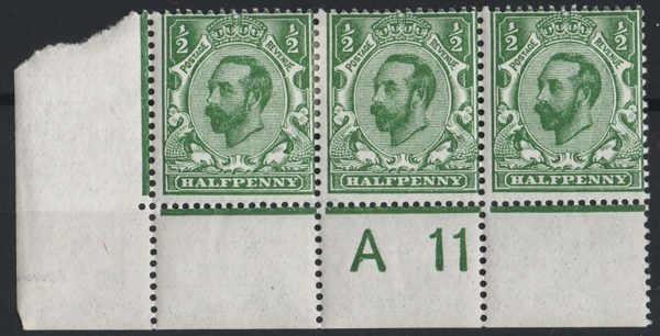 GB 1911 ½d die 1a sg322 A11(w) corner strip of 3 f mint (r/h stamp um)