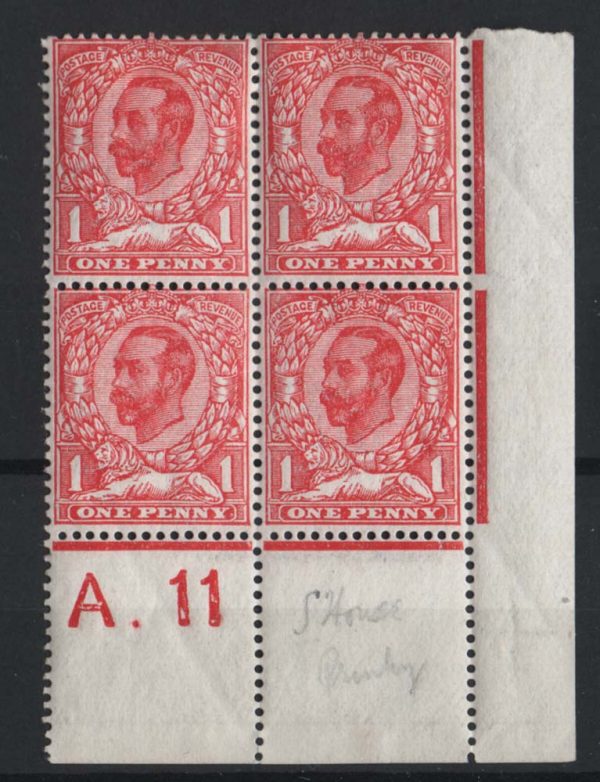 GB 1911 1d die 1b sg329 Somerset House A.11 corner blk of 4 perf type 2A