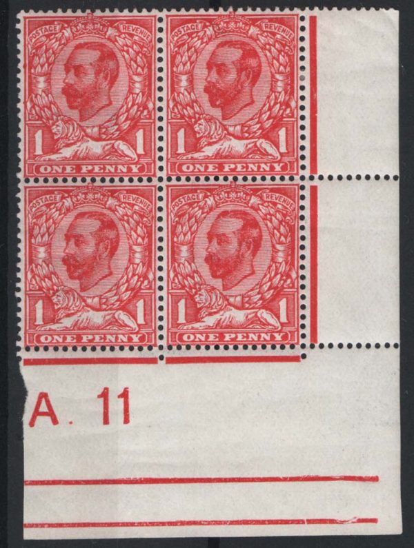 GB 1911 1d die 1b sg329 Somerset House A.11 plate 9a corner blk of 4