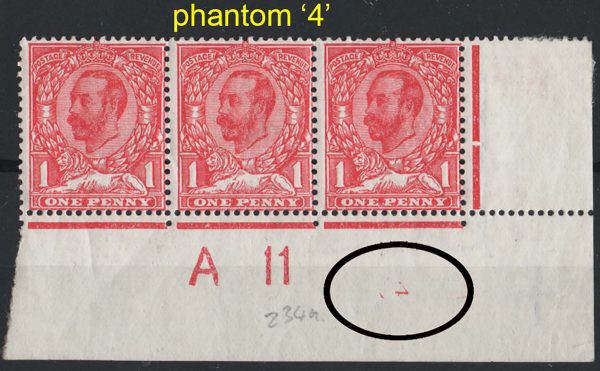 GB 1911 1d die 1b sg329 A11(c) plate 2 corner strip of 3, perf type 2 vf mint