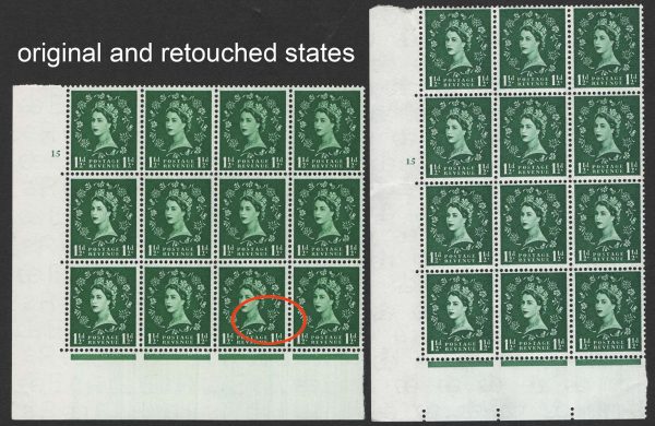 GB 1955 Edward wmk 1½d cyl 15 no dot r20/3 spot between rose and shamrock S26j