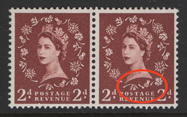 GB 1955 Edward wmk 2d light r17/6 tadpole variety in um pair Spec S38f c£35