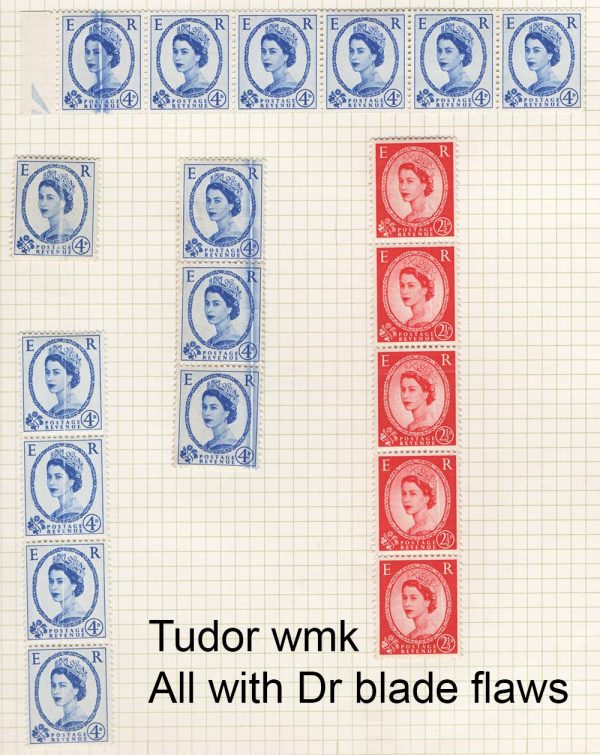 GB 1952 Tudor wmk f mint group of Dr blade errors incl 4 different 4d examples