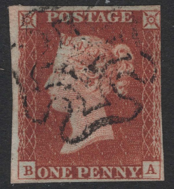 GB 1841 1d red plate 19 BA fu, 3½ margins, guidelines in A-square c£60+