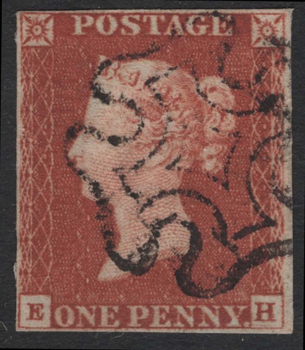 GB 1841 1d red plate 19 EH fu, 4 close-good margins, guideline through