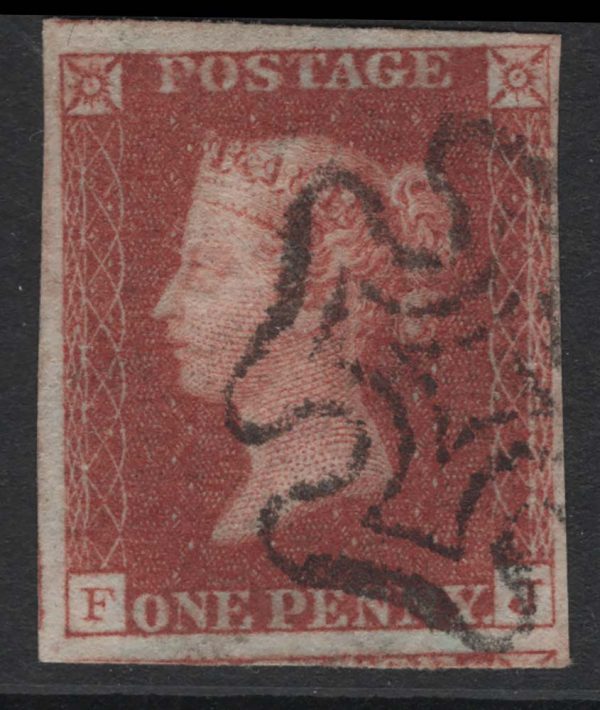 GB 1841 1d red plate 20 FJ fu, 4 good margins just touched top right, dot in
