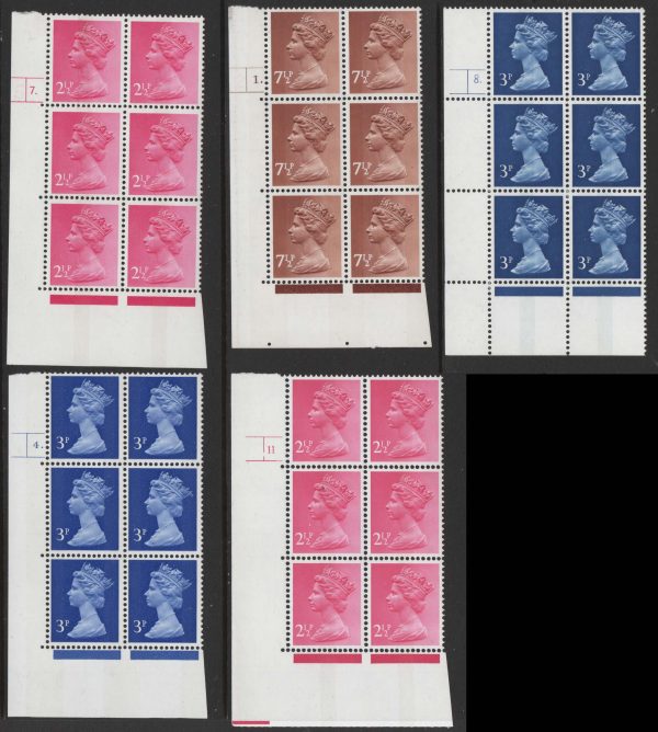 GB 1971 Machin um cyl blks: OCP/PVA 2½p 7 dot p5, 3p 2B 4 dot p4, 7½p 1 dot p2