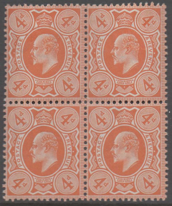 GB 1902 4d orange-red f mint blk of 4, (2x um) sg241 c£150