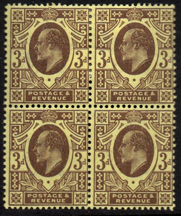 GB 1911 3d purple/lemon perf 15x14 blk of 4 (2x um) sg285 c£250