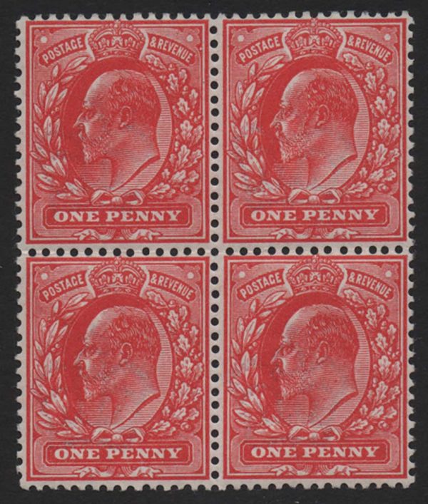 GB 1911 1d rose-red perf 14 fine um blk of 4 sg272 c£90