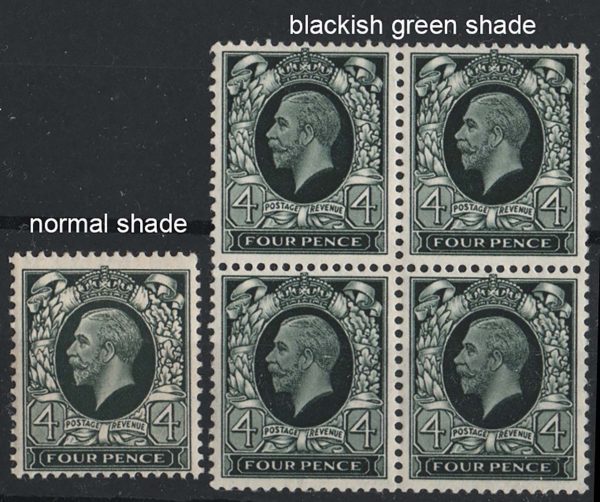 GB 1934 4d blackish-green sg445var Spec N58(2) um blk of 4 + normal single