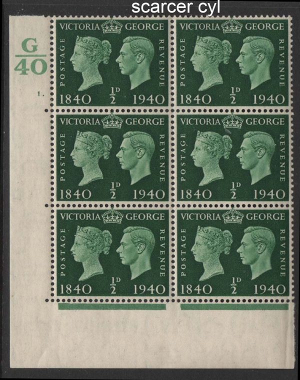 GB 1940 Centenary ½d cyl 1 dot corner blk of 6 um, 1 stamp minor edge crease