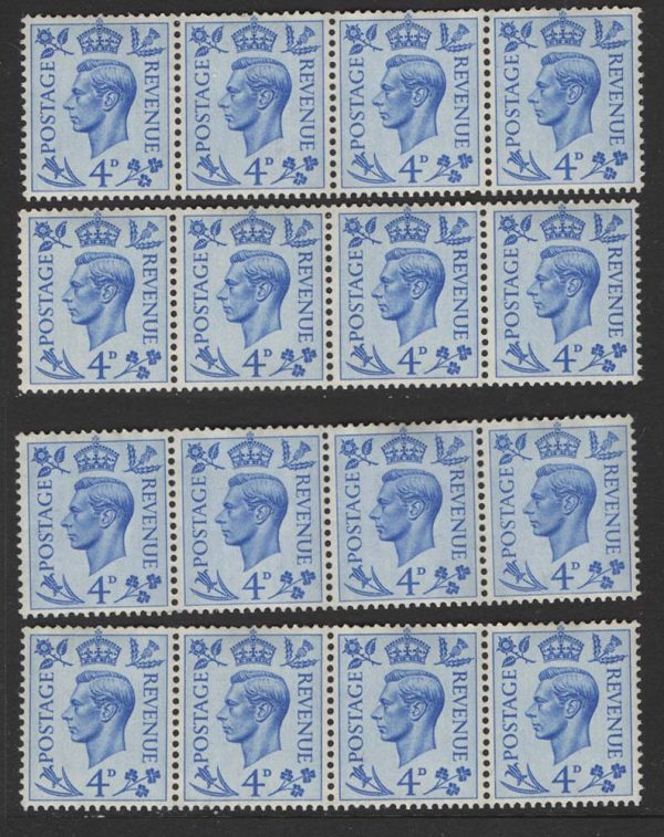 GB 1951 New colours 4d in 4x horizontal coil strips of 4, good perfs um