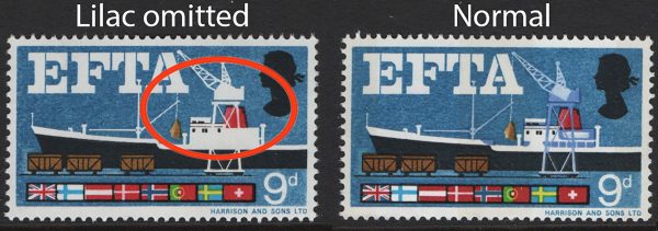 #671 GB 1967 EFTA 9d lilac omitted (white crane and superstructure) um c£140